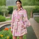 Bangpaice Temperament Elegant Shirt Dress 2025 Summer New Printed Painted Belt To Thin Dress Women's