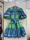 Bangpaice Style Collar Bubble Sleeve Skirt 2024 Summer New Design Printing With Short Dress Woman