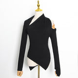 Bangpaice Summer New Personalized Shoulder Design Irregular Knitted Shirt Solid Color Repair Short Ladies Sweater Style