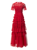 Bangpaice 2024 Spring And Summer New Women's Round Neck Short Sleeve Mesh Yarn Ear Layer Red Banquet Dress Dress