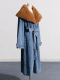 Bangpaice 2025 New Fashion Temperament Detachable Wool Collar Long Denim Jacket Female With Belt Thin Windwear