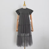 Bangpaice New Korean Version Of The Design Of The Screen Splicing Loose T Dress Casual Short-Sleeved Long Dress Woman