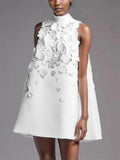 Bangpaice Style Temperament Loose Short Dress 2025 New Design Nail Bead Three-Dimensional Flowers Sleeveless Dress Woman