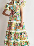 Bangpaice Spring And Summer Australian National Wind Wave Side Lead Flying Sleeves Short-Sleeved Rope Waist Color Printed Dress