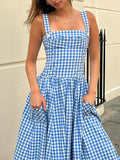 Bangpaice Women's Summer Summer Idyllic Dress Blue Lattice Sling Dress Summer Women's High-End Holiday Dress