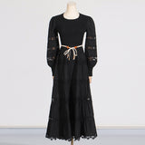 Bangpaice Retro High-End Long Dress 2025 Spring New Hollow Tie Solid Color Waist Thin Dress Woman Trend