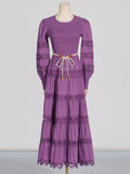Bangpaice Retro High-End Long Dress 2025 Spring New Hollow Tie Solid Color Waist Thin Dress Woman Trend