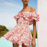 Bangpaice 2025 New High-End Feeling Shoulder Lotus Leaf Embroidery Waist Thin Holiday Dress Dress Dress Dress Woman
