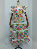 Bangpaice Spring And Summer Australian National Wind Wave Side Lead Flying Sleeves Short-Sleeved Rope Waist Color Printed Dress