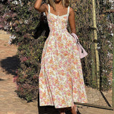 Bangpaice Women's New Broken Flower Sling Skirt Sexy Bare Back Open Fork Long Skirt Holiday Style Dress Dress Woman