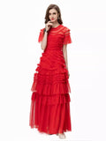 Bangpaice 2024 Spring And Summer New Women's Round Neck Short Sleeve Mesh Yarn Ear Layer Red Banquet Dress Dress