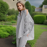 Bangpaice And South Korea Simple Wind 2025 Spring New Fashion Niche Slanted Shoulder Hollow Striped Straight Trouser Shirt Set Female Trend