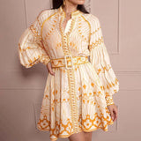 Bangpaice Temperament 2025 Spring New Fashion Straight Lantern Sleeves To Collect Waists And Slim Floral Dresses