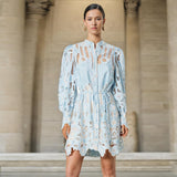 Bangpaice Holiday Style 2025 Spring New Leading Heavy Industry Hollow Embroidery To Collect Waist Thin Short Dress Woman Trend