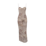 Bangpaice Women's New Mesh Screen Print Sling Skirt Body-Dressed Temperament Open-Back Dress Floral Dress Dress