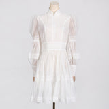 Bangpaice Retro High-End Short Dress 2025 Summer New Fashion Collar Lantern Sleeve Mesh Waist Dress Dress Woman