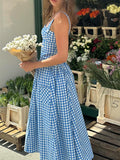 Bangpaice Women's Summer Summer Idyllic Dress Blue Lattice Sling Dress Summer Women's High-End Holiday Dress