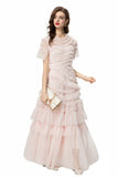 Bangpaice 2024 Spring And Summer New Women's Round Neck Short Sleeve Mesh Yarn Ear Layer Red Banquet Dress Dress