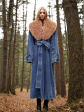 Bangpaice 2025 New Fashion Temperament Detachable Wool Collar Long Denim Jacket Female With Belt Thin Windwear