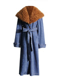 Bangpaice 2025 New Fashion Temperament Detachable Wool Collar Long Denim Jacket Female With Belt Thin Windwear