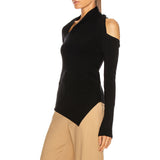 Bangpaice Summer New Personalized Shoulder Design Irregular Knitted Shirt Solid Color Repair Short Ladies Sweater Style