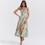 Bangpaice Women's New Broken Flower Sling Skirt Sexy Bare Back Open Fork Long Skirt Holiday Style Dress Dress Woman
