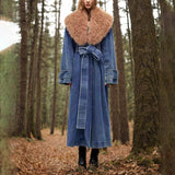 Bangpaice 2025 New Fashion Temperament Detachable Wool Collar Long Denim Jacket Female With Belt Thin Windwear