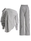 Bangpaice And South Korea Simple Wind 2025 Spring New Fashion Niche Slanted Shoulder Hollow Striped Straight Trouser Shirt Set Female Trend
