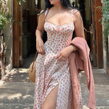Bangpaice Women's Sexy Bare Backs With Sling Dress Holiday Break Flower Fork Long Skirt