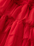Bangpaice 2024 Spring And Summer New Women's Round Neck Short Sleeve Mesh Yarn Ear Layer Red Banquet Dress Dress
