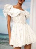 Bangpaice 2025 New High-End Feeling Shoulder Lotus Leaf Embroidery Waist Thin Holiday Dress Dress Dress Dress Woman