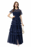 Bangpaice 2024 Spring And Summer New Women's Round Neck Short Sleeve Mesh Yarn Ear Layer Red Banquet Dress Dress