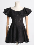 Bangpaice 2025 New High-End Feeling Shoulder Lotus Leaf Embroidery Waist Thin Holiday Dress Dress Dress Dress Woman