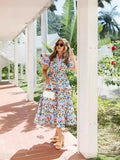 Bangpaice Spring And Summer Australian National Wind Wave Side Lead Flying Sleeves Short-Sleeved Rope Waist Color Printed Dress