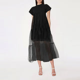 Bangpaice New Korean Version Of The Design Of The Screen Splicing Loose T Dress Casual Short-Sleeved Long Dress Woman