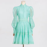 Bangpaice Retro High-End Short Dress 2025 Summer New Fashion Collar Lantern Sleeve Mesh Waist Dress Dress Woman
