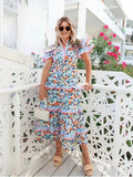 Bangpaice Spring And Summer Australian National Wind Wave Side Lead Flying Sleeves Short-Sleeved Rope Waist Color Printed Dress