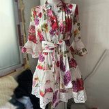 Bangpaice Bohemian Resort 2025 Spring New V-Neck Horn Sleeve Embroidery Printed Dressed Dress Woman