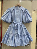 Bangpaice Style Collar Bubble Sleeve Skirt 2024 Summer New Design Printing With Short Dress Woman