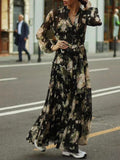 Bangpaice And Summer New Holiday Style Single Buckle V-Neck A-Shaped Belt Retro Printed Short-Sleeved Dress Chiffon
