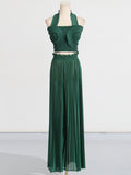 Bangpaice Two-Piece Set 2025 New Fashion Hanging Neck High-End Feel Top + Folded Casual Design Trousers