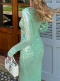Bangpaice V-Neck Hollow Long-Sleeved Sleeves To Close The Waist Of The Bright-Sleeved Dress Open Evening Dress Women High-End Famous Woman