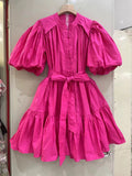 Bangpaice Style Collar Bubble Sleeve Skirt 2024 Summer New Design Printing With Short Dress Woman