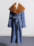 Bangpaice 2025 New Fashion Temperament Detachable Wool Collar Long Denim Jacket Female With Belt Thin Windwear