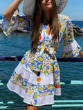 Bangpaice Bohemian Resort 2025 Spring New V-Neck Horn Sleeve Embroidery Printed Dressed Dress Woman