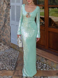 Bangpaice V-Neck Hollow Long-Sleeved Sleeves To Close The Waist Of The Bright-Sleeved Dress Open Evening Dress Women High-End Famous Woman