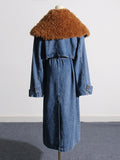 Bangpaice 2025 New Fashion Temperament Detachable Wool Collar Long Denim Jacket Female With Belt Thin Windwear
