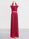 Bangpaice Two-Piece Set 2025 New Fashion Hanging Neck High-End Feel Top + Folded Casual Design Trousers