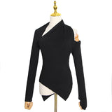 Bangpaice Summer New Personalized Shoulder Design Irregular Knitted Shirt Solid Color Repair Short Ladies Sweater Style