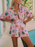 Bangpaice Temperament Two-Piece Set 2025 New Design Print Set Short-Sleeved Shirt Top + Casual Shorts Women